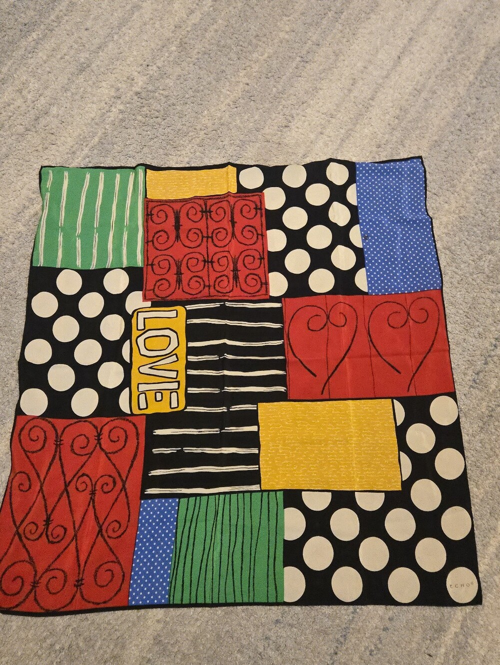 Vintage ECHO Silk Scarf Love Heart Polka Dot Colorblock Abstract Pop Art Square
